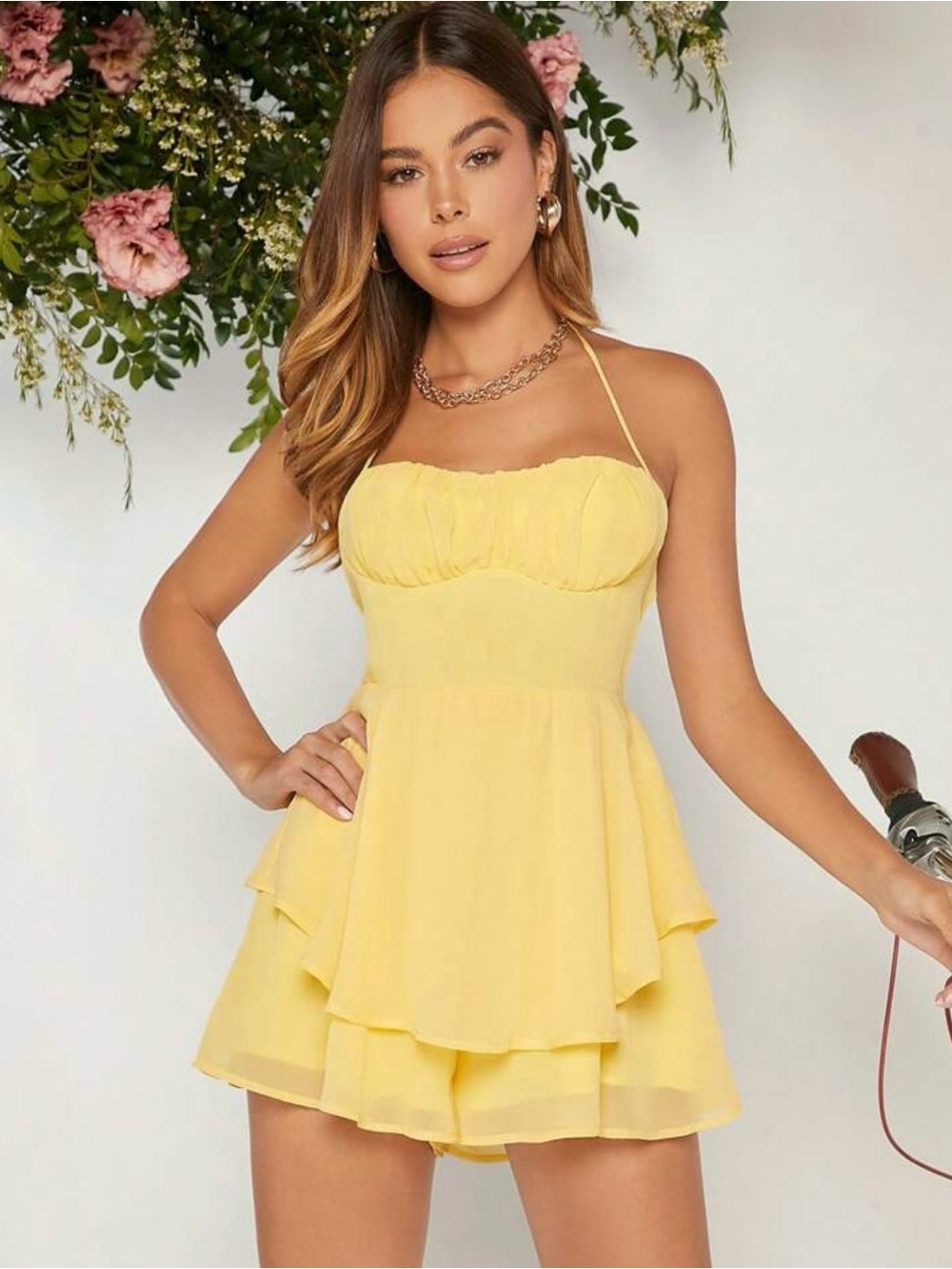 SHEIN Yellow Ruffle Halter Romper | Summer Vacation Cottagecore Boho Size Small